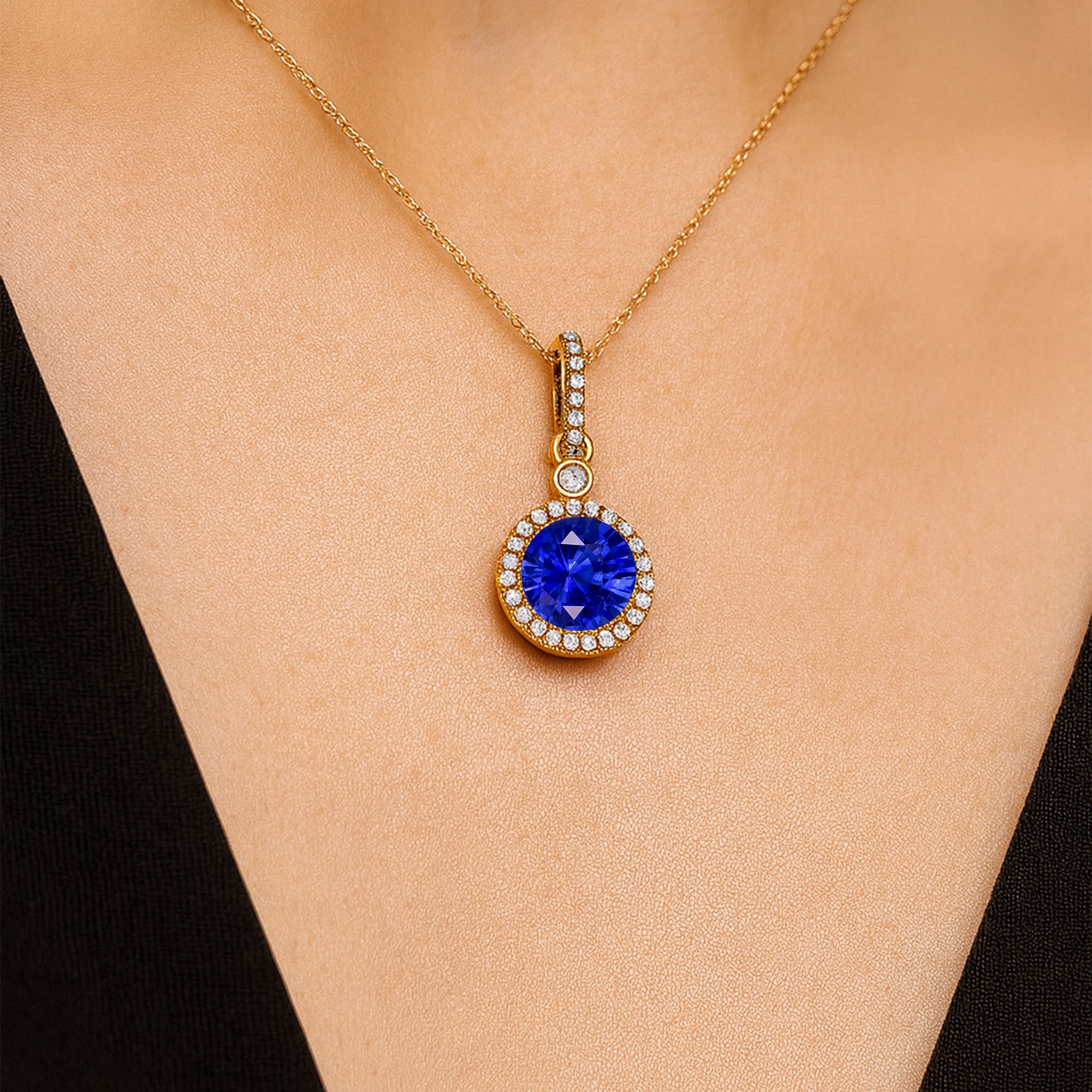 Classic Solitaire Round Blue Sapphire Halo Diamond Dangle Pendant - GeumJewels