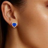 Heart Shaped Blue Sapphire Halo Diamond Stud Earrings - GeumJewels