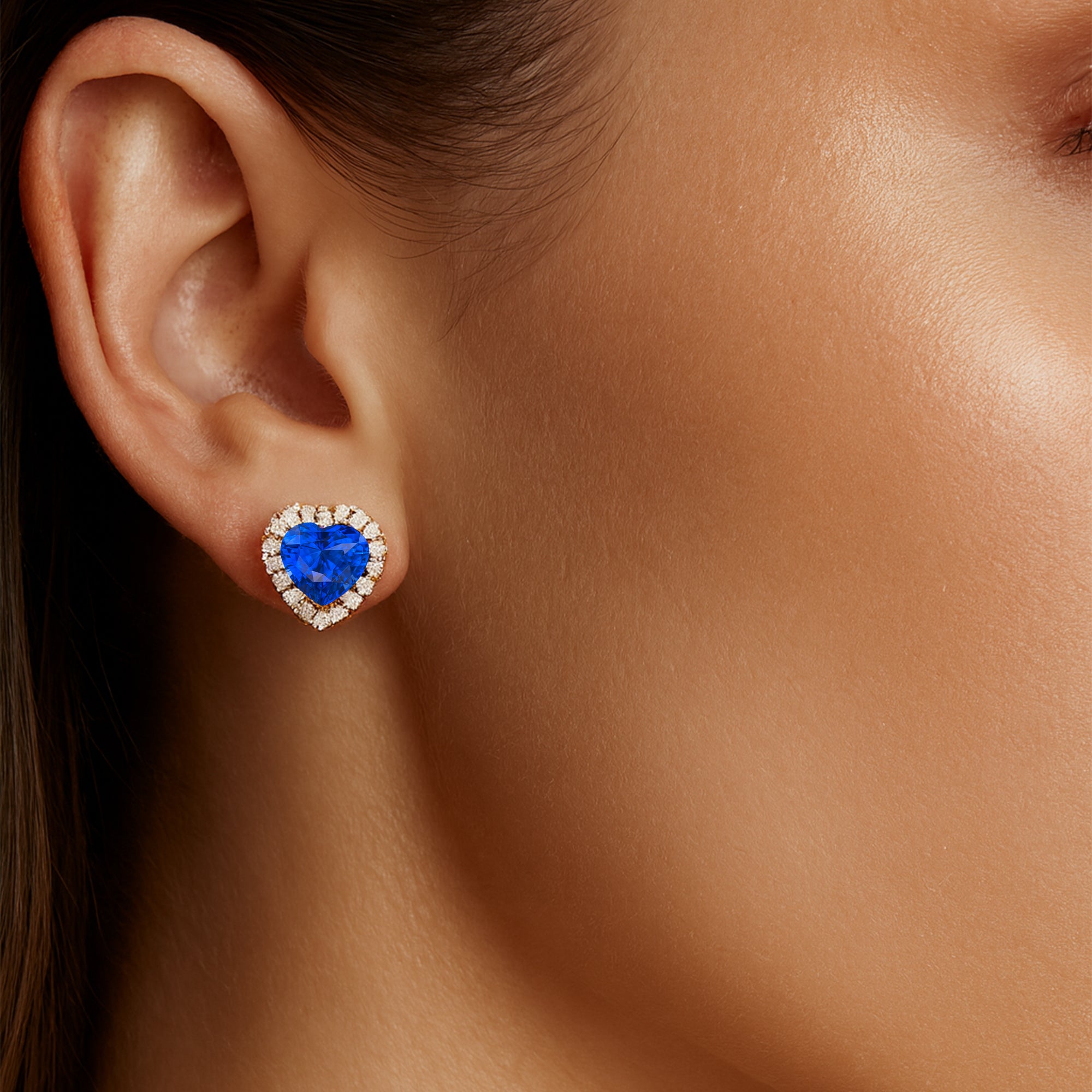 Heart Shaped Blue Sapphire Halo Diamond Stud Earrings - GeumJewels