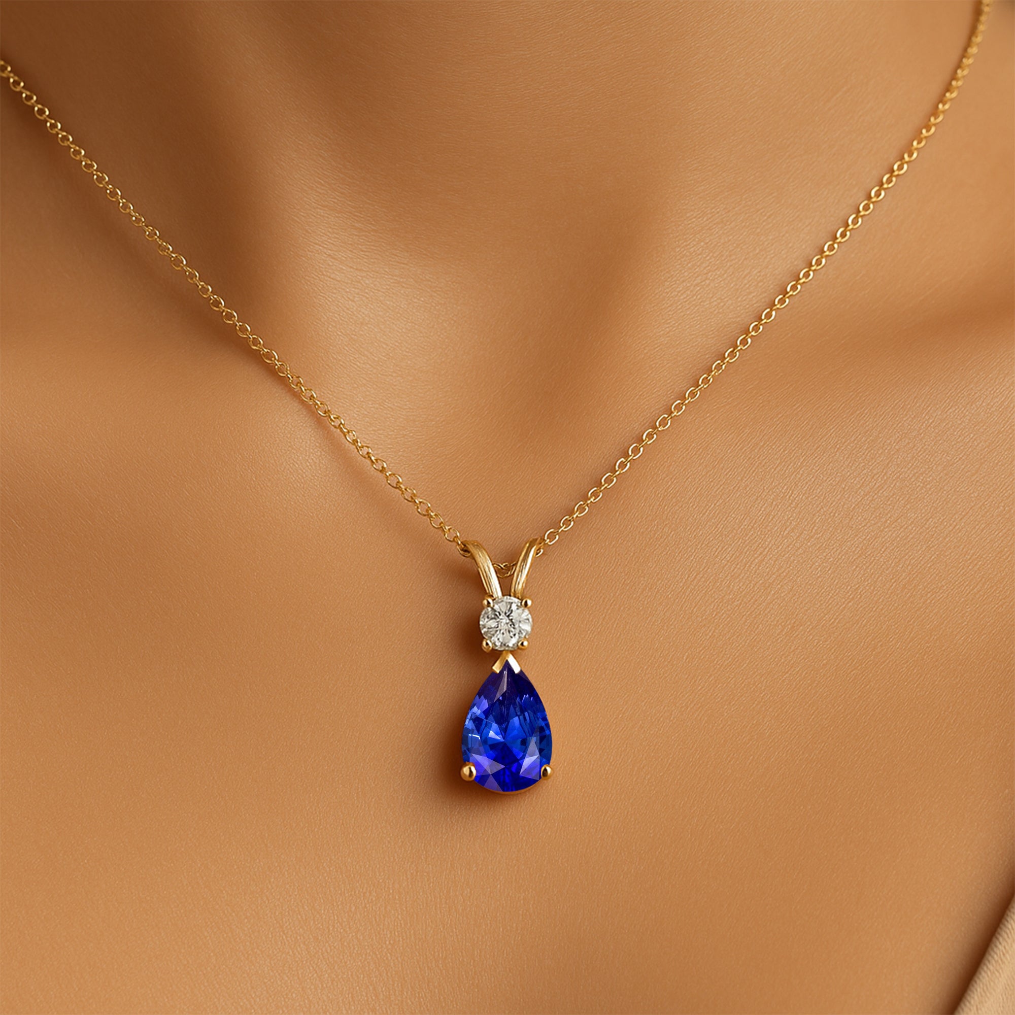 Blue Sapphire Teardrop Pendant with Solitaire Diamond - GeumJewels