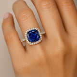 Halo Diamond Engagement Ring with Cushion Cut Blue Sapphire - GeumJewels