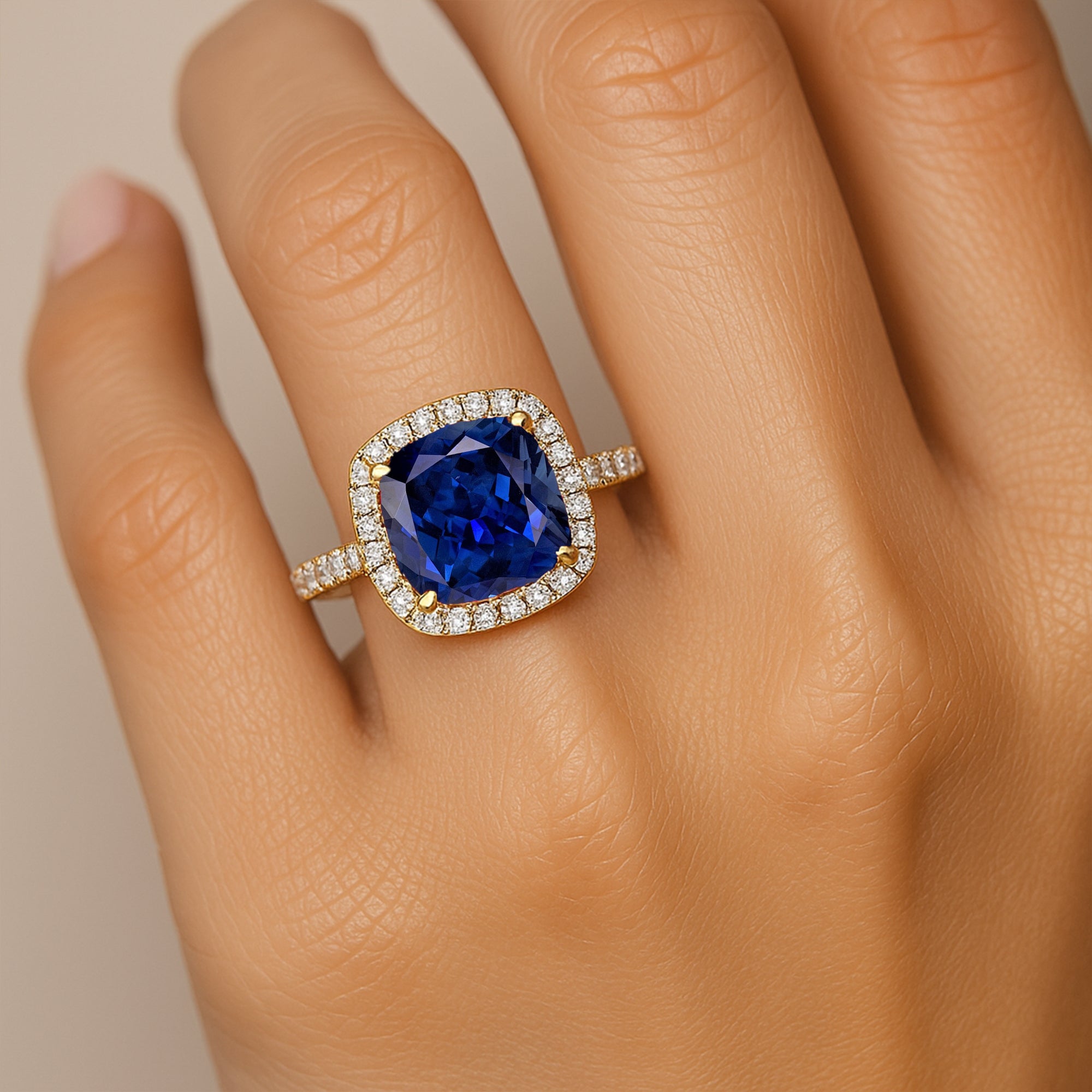 Halo Diamond Engagement Ring with Cushion Cut Blue Sapphire - GeumJewels