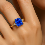 Emerald Cut Blue Sapphire and Diamond Three Stone Ring - GeumJewels