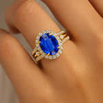 Solitaire Oval Blue Sapphire Split Shank Diamond Engagement Ring - GeumJewels