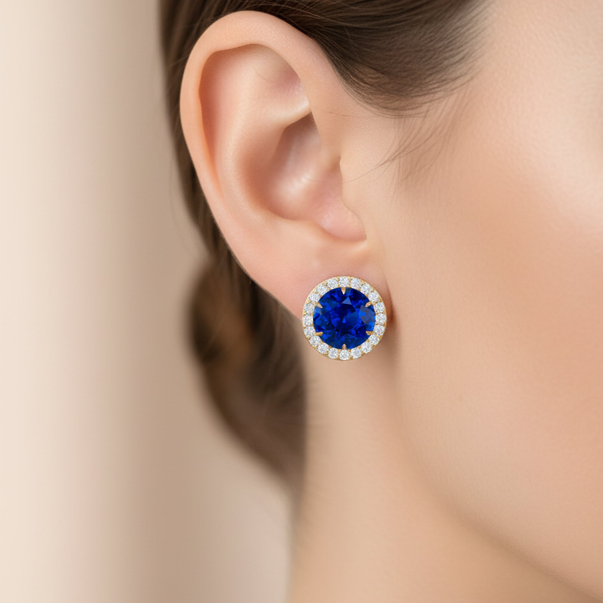 Round Solitaire Blue Sapphire Halo Diamond Stud Earrings - GeumJewels