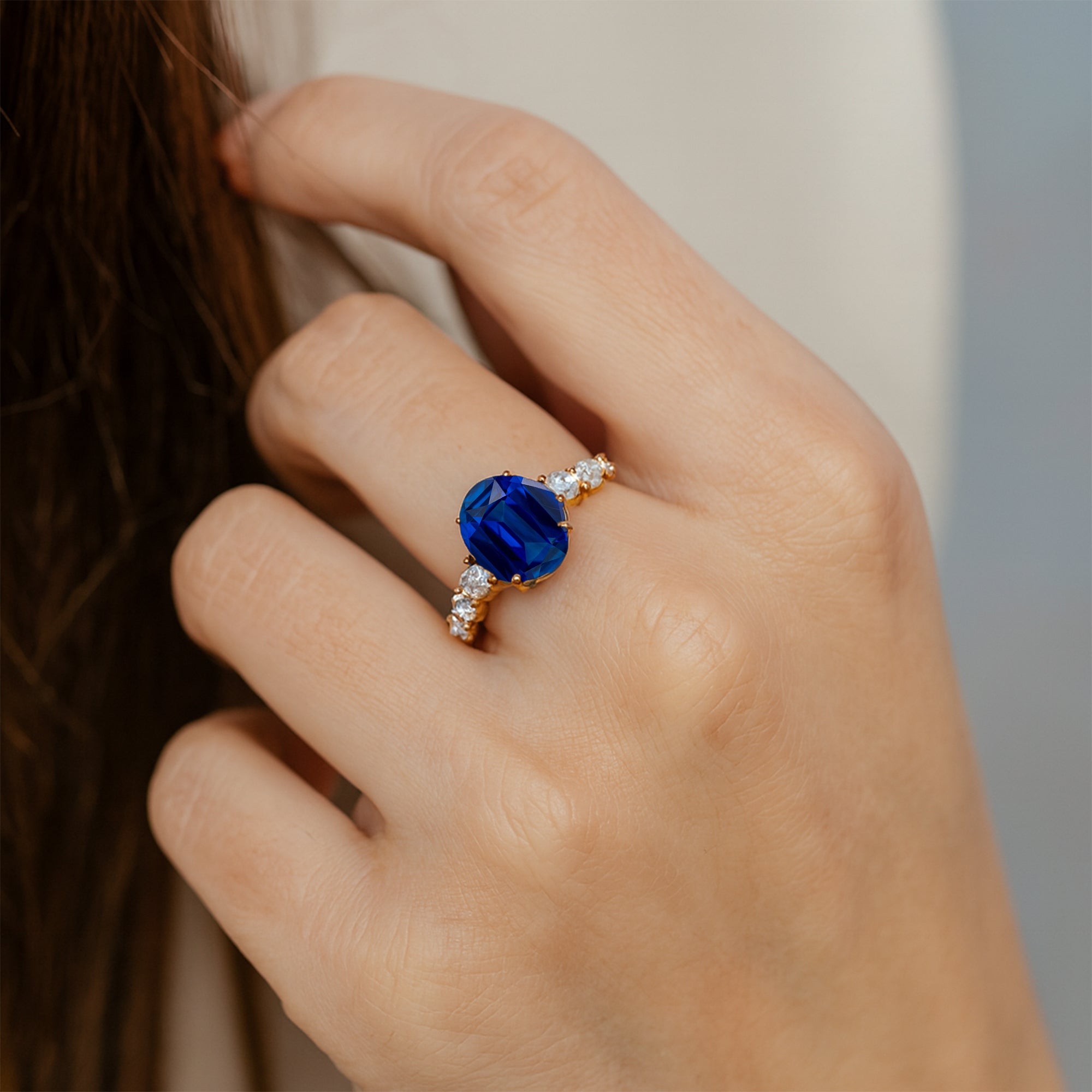 Oval Cut Blue Sapphire with Graduated Diamonds Ring - GeumJewels