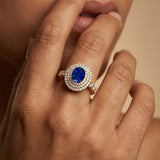 Triple Halo Diamond Oval Cut Blue Sapphire Cocktail Ring
