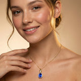 Classic Teardrop Shaped Blue Sapphire Halo Diamond Dangle Pendant - GeumJewels