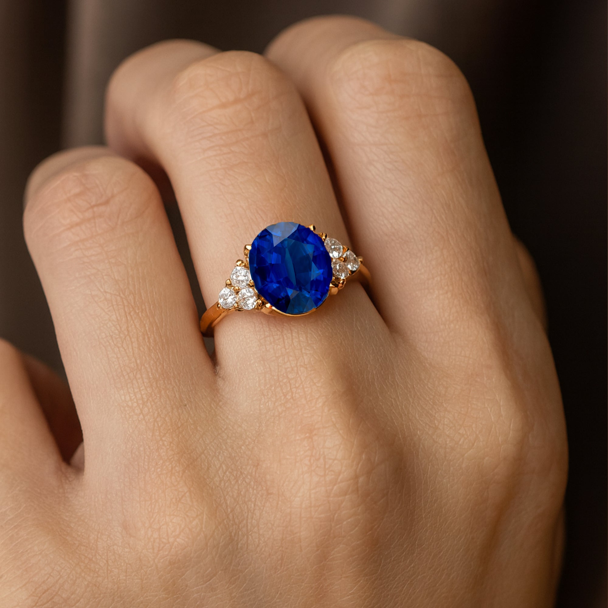 Trio Diamond Engagement Ring with Oval Cut Blue Sapphire - GeumJewels