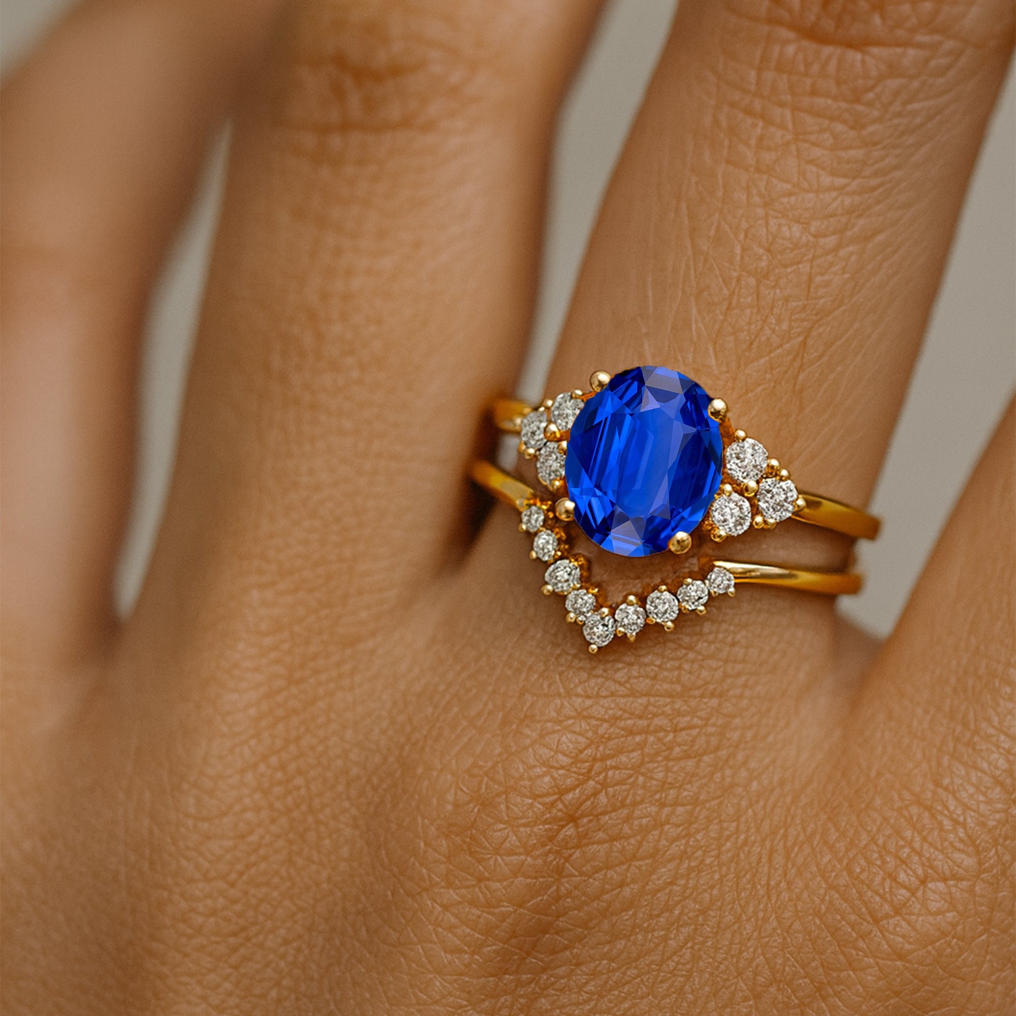 Blue Sapphire Gold Ring With Stackable Diamond Band - GeumJewels