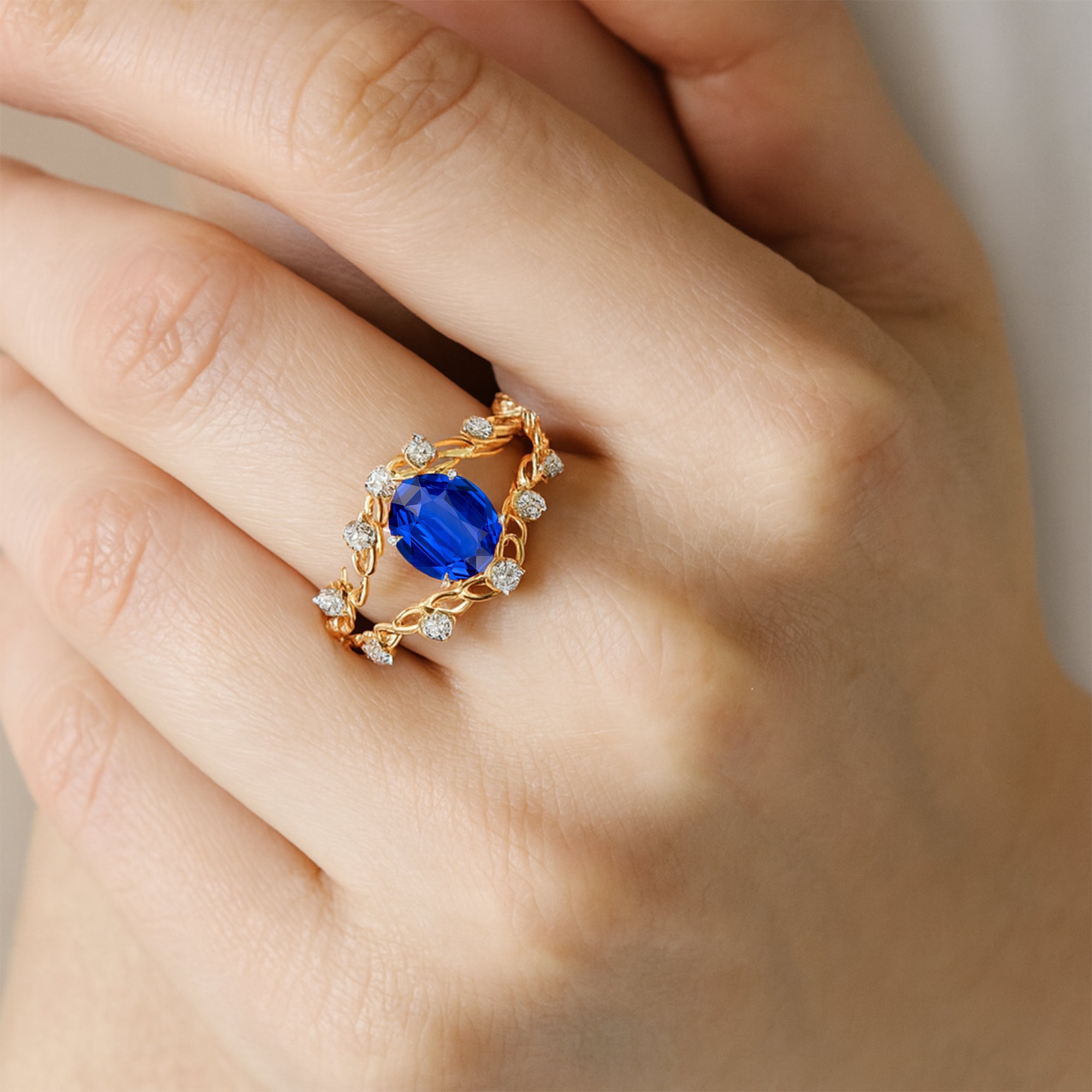 Flower Inspired Ring with Oval Shaped Blue Sapphire and Accent Diamonds - GeumJewels