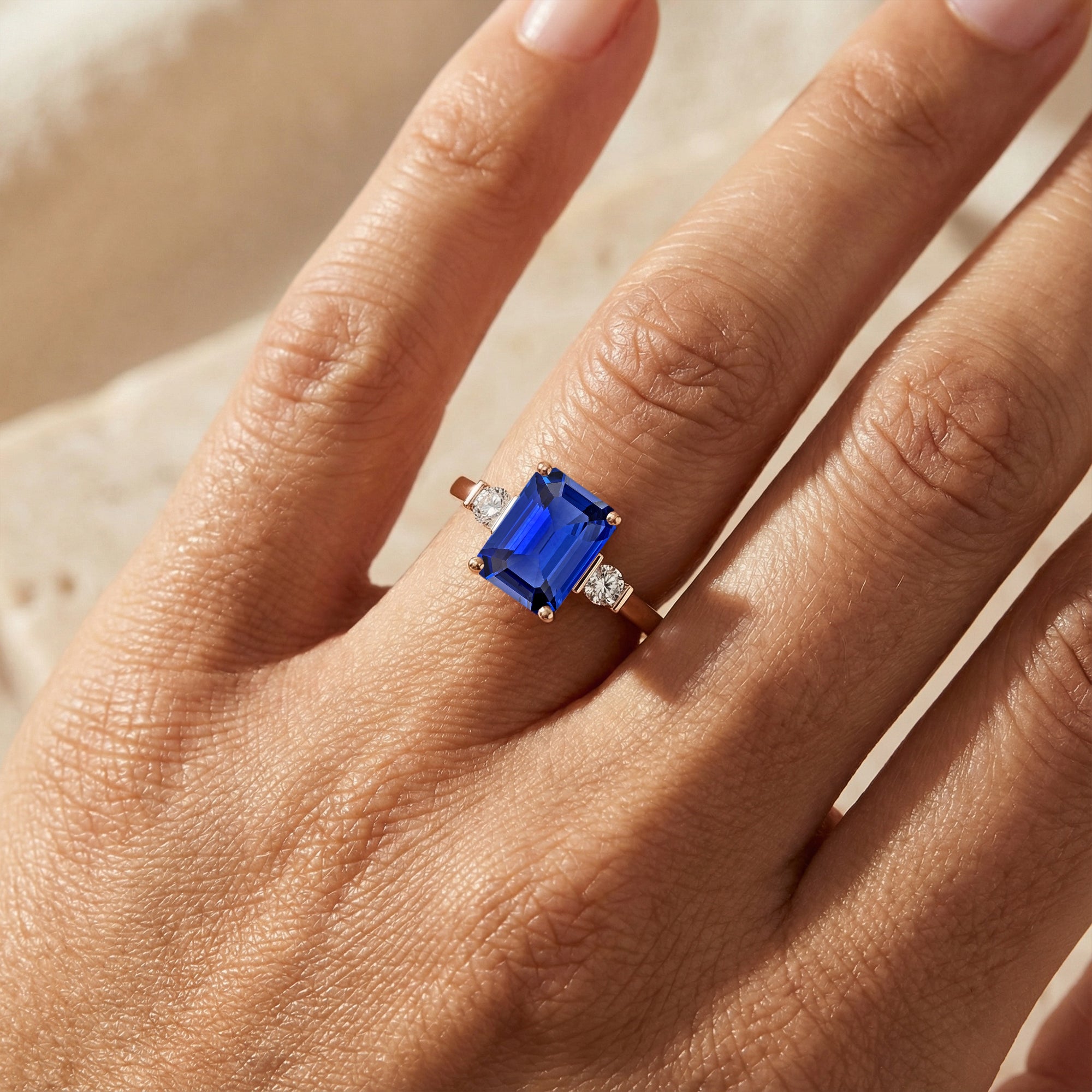 Emerald Cut Blue Sapphire and Diamond Three Stone Ring - GeumJewels