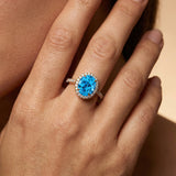 Oval Solitaire Swiss Blue Topaz Halo Diamond Engagement Ring