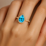 Classic Pear Shaped Swiss Blue Topaz Halo Diamond Engagement Ring - GeumJewels