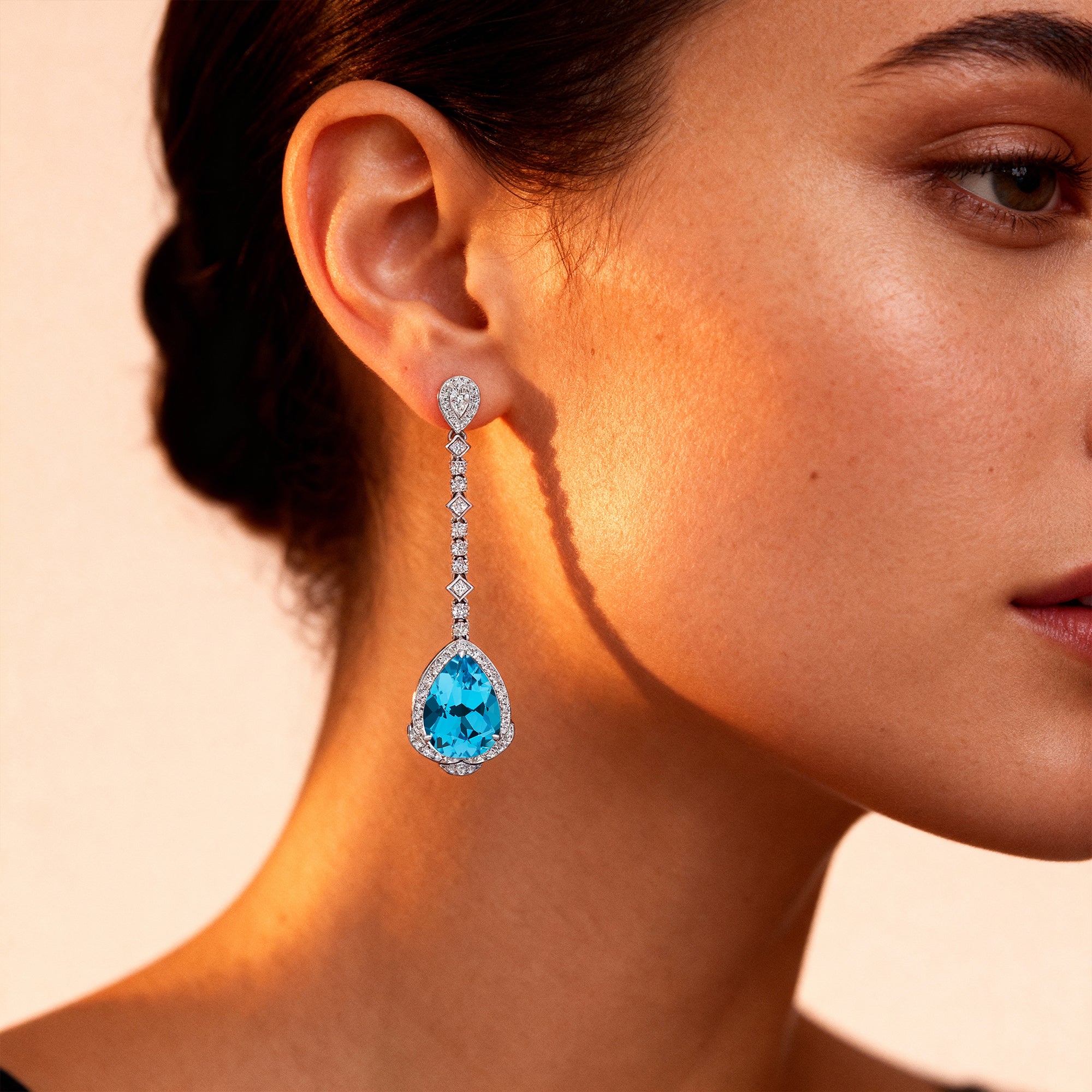 Vintage Style Pear Cut Swiss Blue Topaz Halo Diamond Drop Earrings - GeumJewels