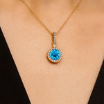 Classic Solitaire Round Swiss Blue Topaz Halo Diamond Dangle Pendant - GeumJewels