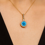 Classic Solitaire Round Swiss Blue Topaz Halo Diamond Dangle Pendant - GeumJewels