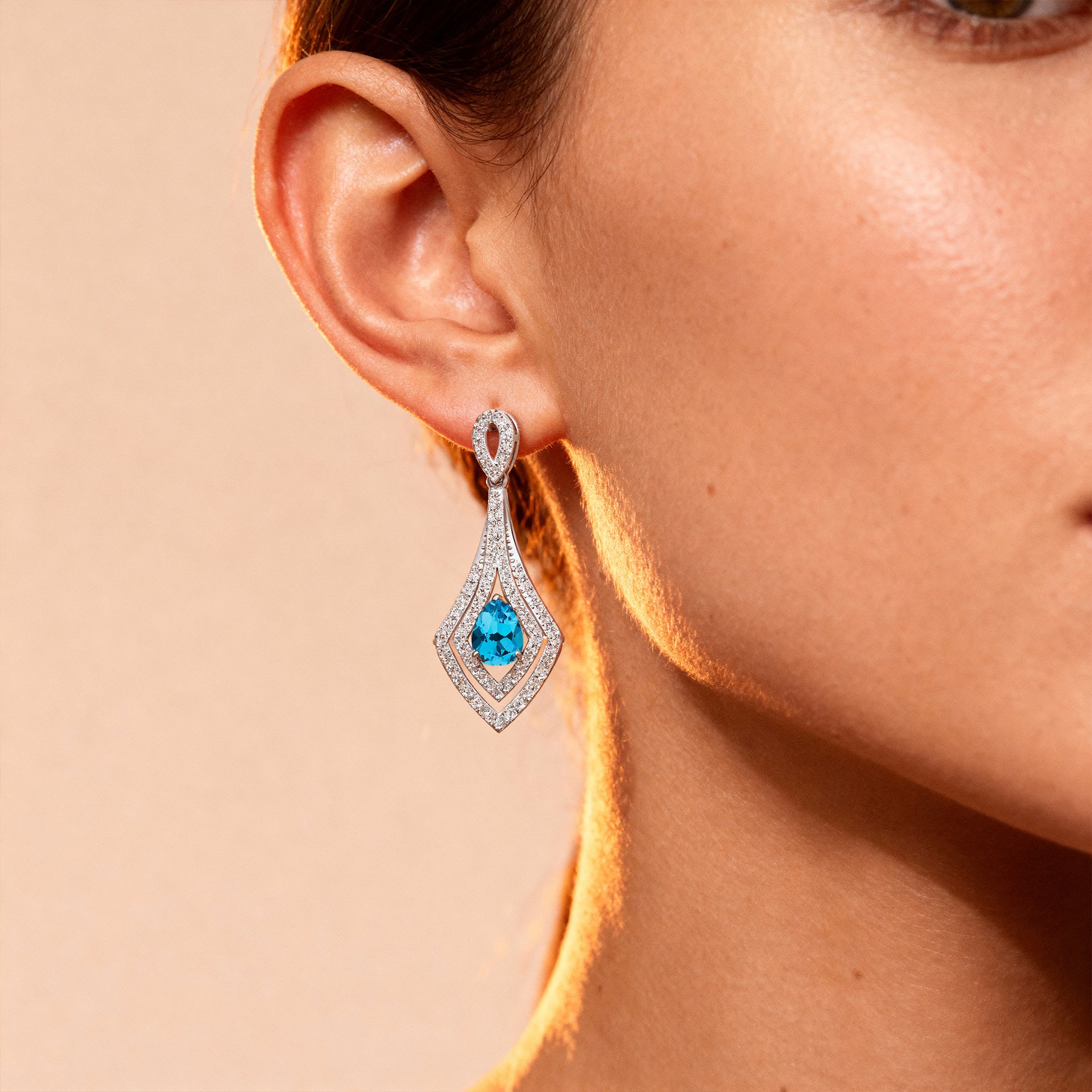 Vintage Inspired Pear Cut Swiss Blue Topaz Diamond Drop Earrings - GeumJewels