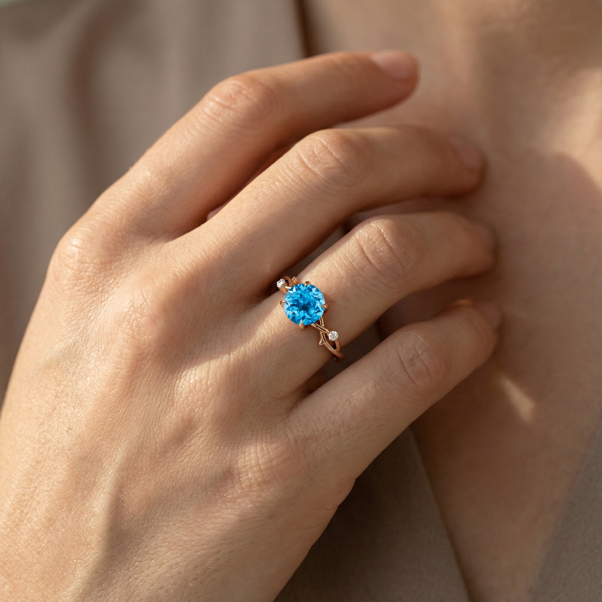 Criss Cross Nature Inspired Diamond Ring  with Round Swiss Blue Topaz - GeumJewels