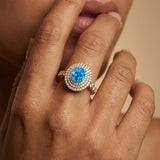 Triple Halo Diamond Oval Cut Swiss Blue Topaz Cocktail Ring