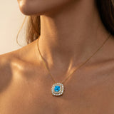 Double Halo Diamond Cushion Cut Swiss Blue Topaz Necklace - GeumJewels