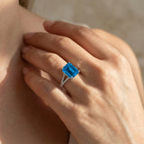Emerald Cut Swiss Blue Topaz Split Shank Engagement Ring with Diamonds - GeumJewels