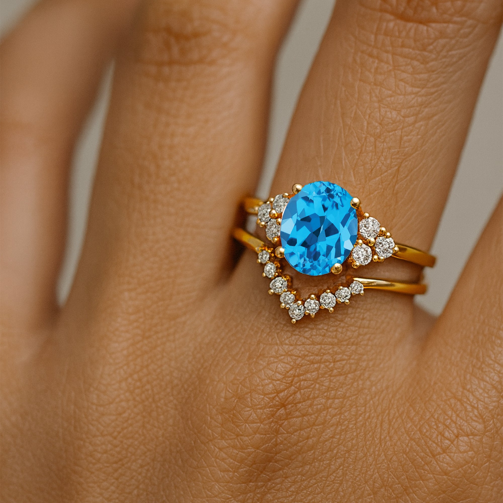 Swiss Topaz Solitaire Gold Ring With Stackable Diamond Band - GeumJewels