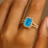 Halo Set Emerald Shaped Swiss Blue Topaz Split Shank Ring with Accent Diamonds - GeumJewels
