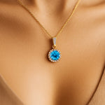 Dainty Round Solitaire Halo Diamond Swiss Blue Topaz Pendant - GeumJewels