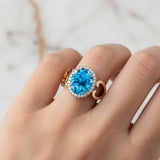 Vintage Love Inspired Oval Swiss Blue Topaz Halo Diamond Engagement Ring - GeumJewels