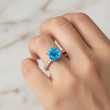 Swiss Blue Topaz Square Cushion Under Halo Diamonds Thin Ring with Diamond Band - GeumJewels