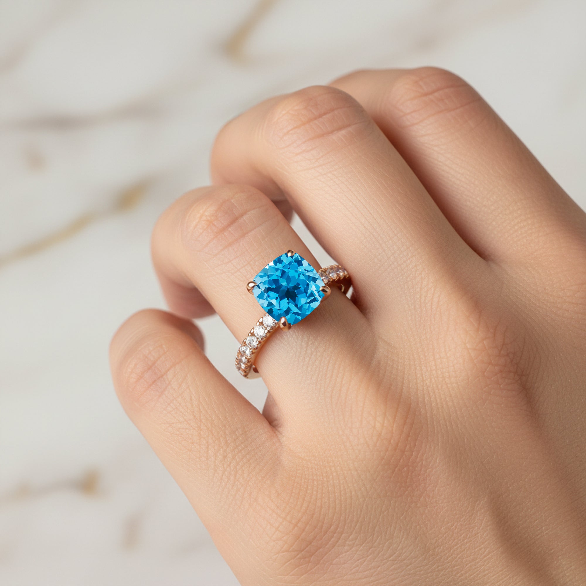 Swiss Blue Topaz Square Cushion Under Halo Diamonds Thin Ring with Diamond Band - GeumJewels