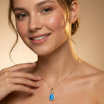 Classic Teardrop Shaped Swiss Blue Topaz Halo Diamond Dangle Pendant - GeumJewels