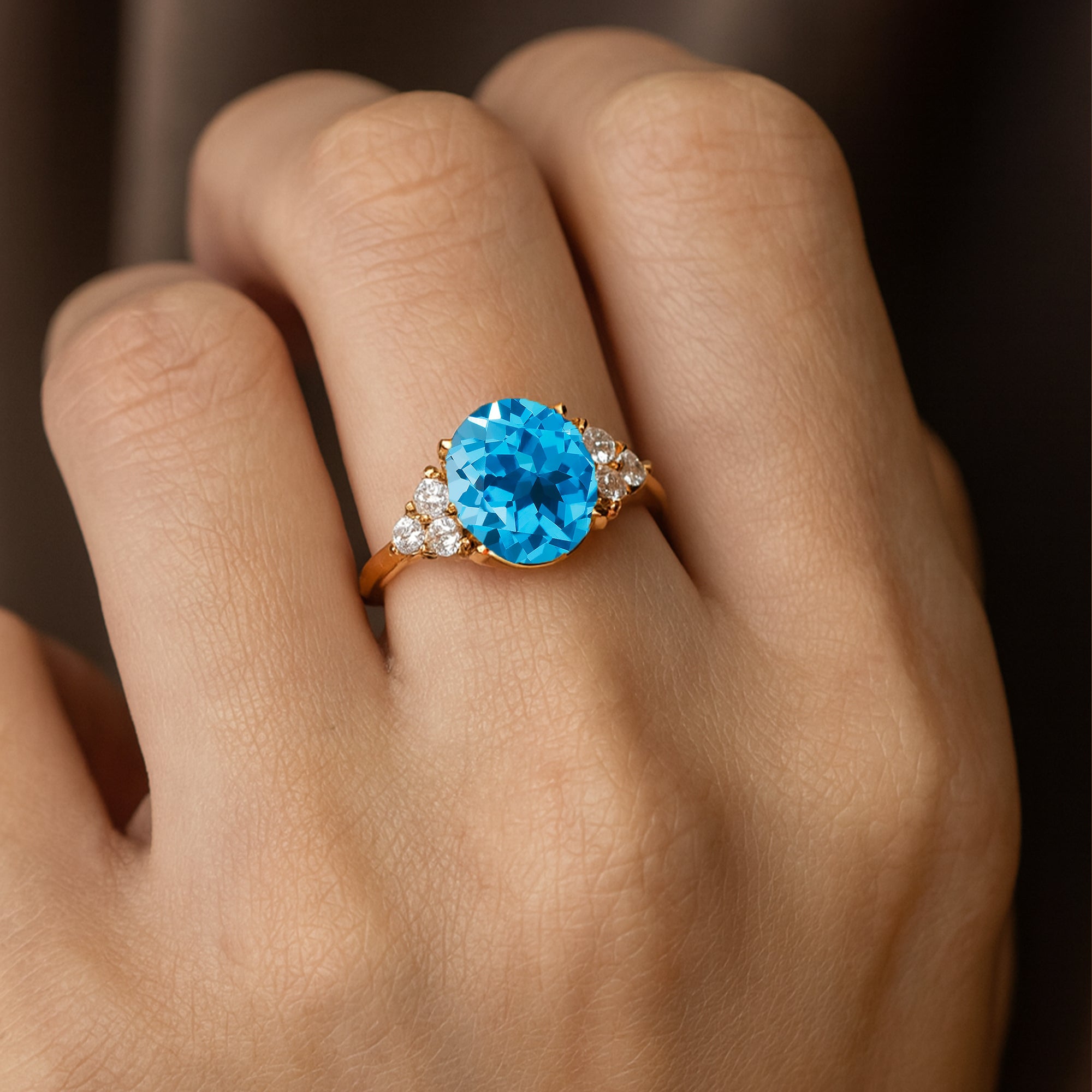Trio Diamond Engagement Ring with Oval Cut Swiss Blue Topaz - GeumJewels