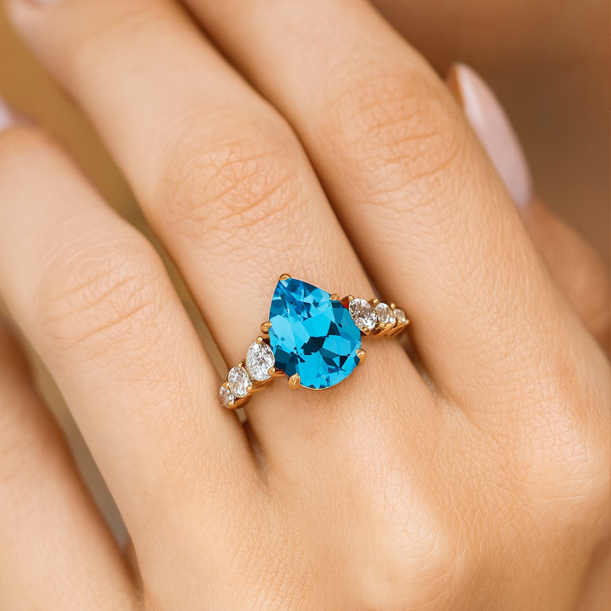 Pear Cut Swiss Blue Topaz with Graduated Diamonds Ring - GeumJewels