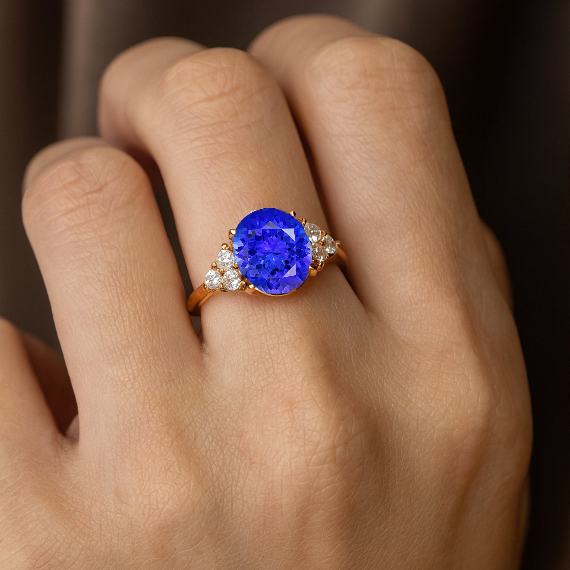 Trio Diamond Engagement Ring with Oval Cut Tanzanite - GeumJewels