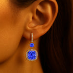 Halo Diamond Cushion Cut Tanzanite Dangle Earrings - GeumJewels