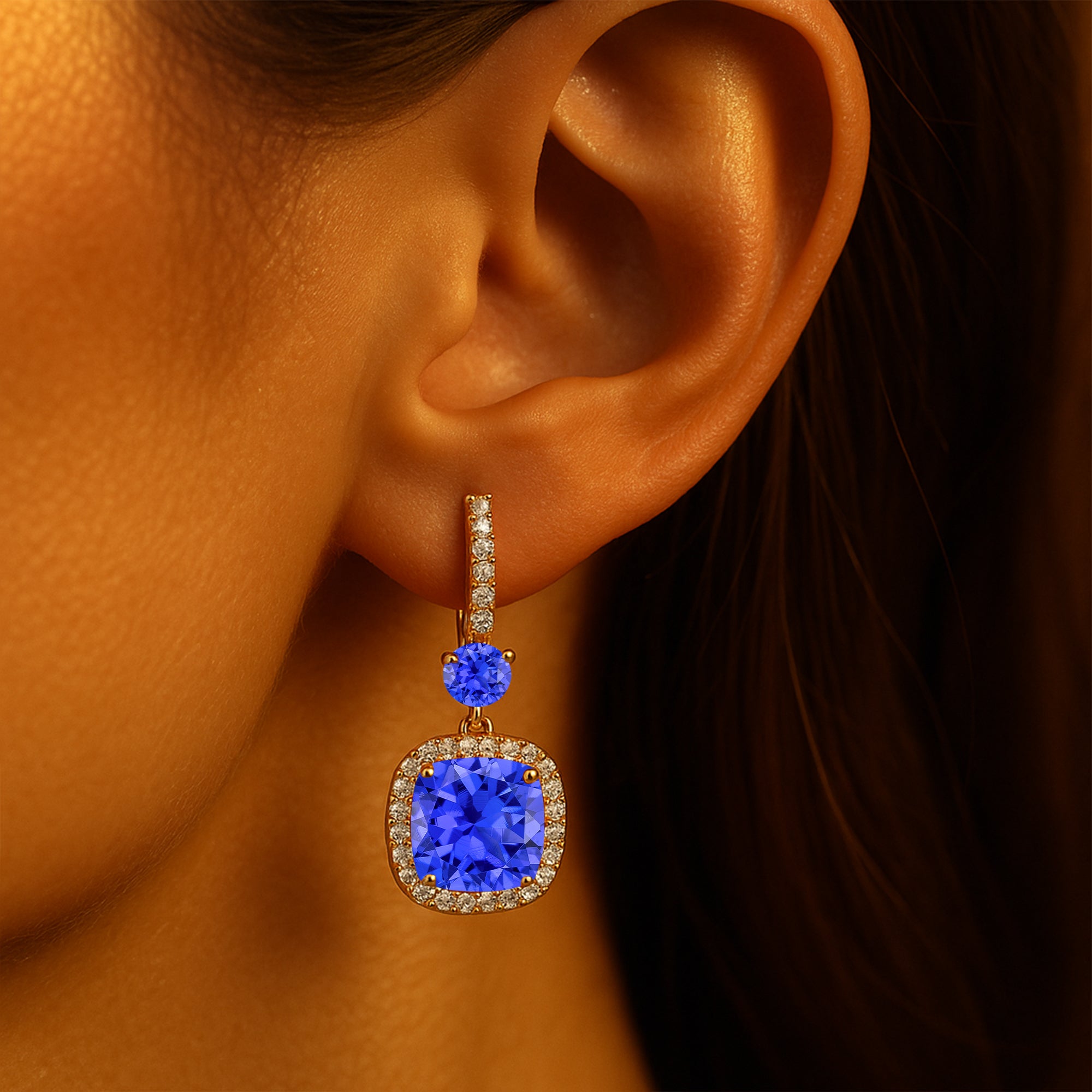 Halo Diamond Cushion Cut Tanzanite Dangle Earrings - GeumJewels