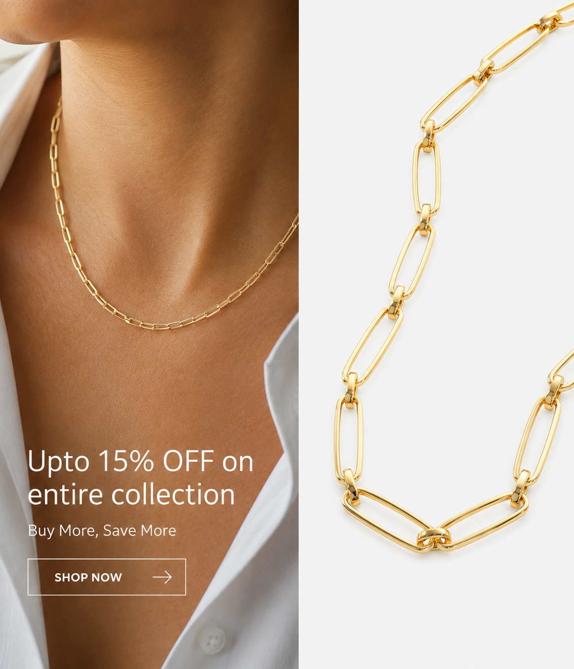 Gold necklace on a person's neck with promotional text and a close-up of the necklace on a white background.