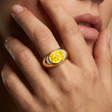 Classic Dome Shaped Diamond Oval Cut Yellow Sapphire Ring - GeumJewels