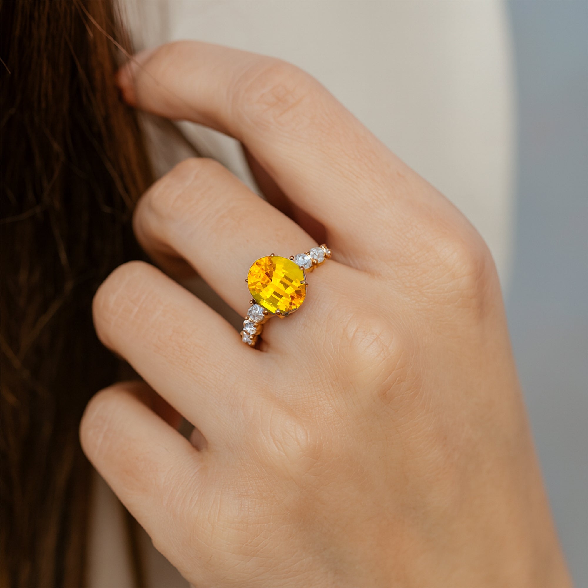Oval Cut Yellow Sapphire with Graduated Diamonds Ring - GeumJewels