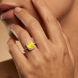 Elongated Cushion Halo Set Yellow Sapphire Engagement Ring with Diamond Band