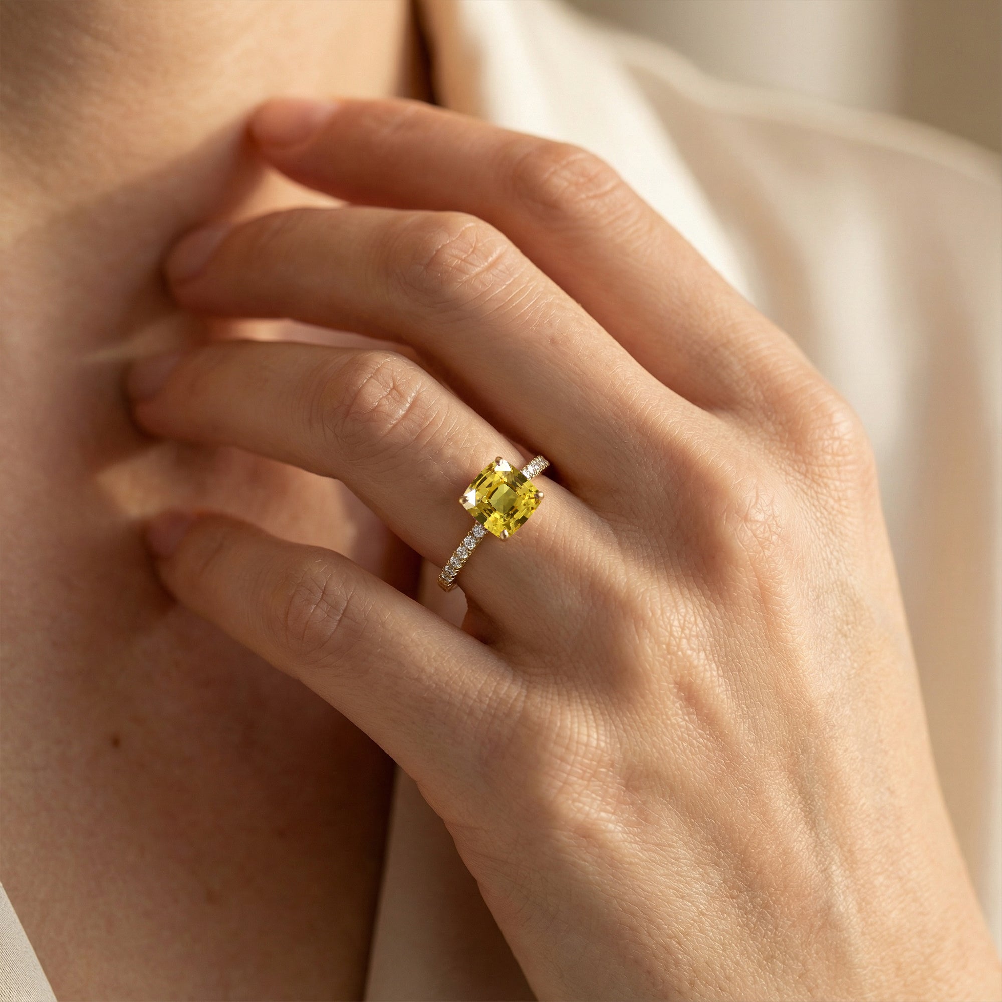 Yellow Sapphire Square Cushion Under Halo Diamonds Thin Ring with Diamond Band - GeumJewels