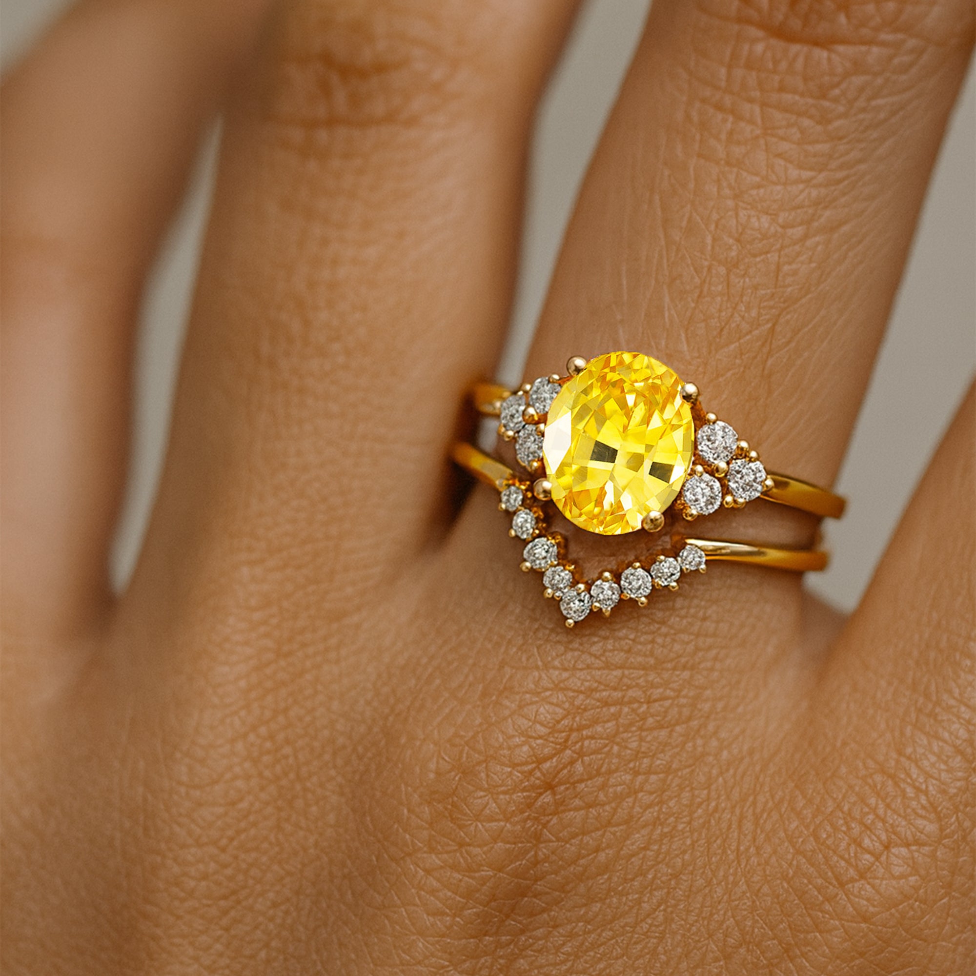 Yellow Sapphire Gold Ring With Stackable Diamond Band - GeumJewels