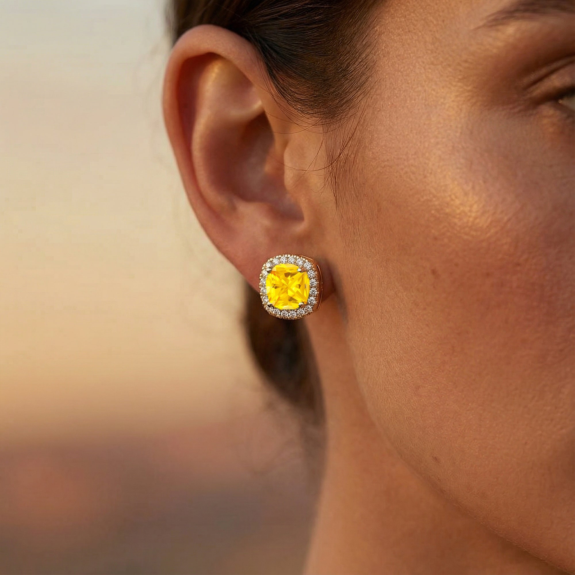 Cushion Cut Yellow Sapphire Halo Diamond Stud Earrings - GeumJewels