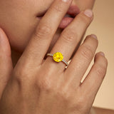 Classic Six Prong Round Solitaire Yellow Sapphire Ring with Accent Diamond Band