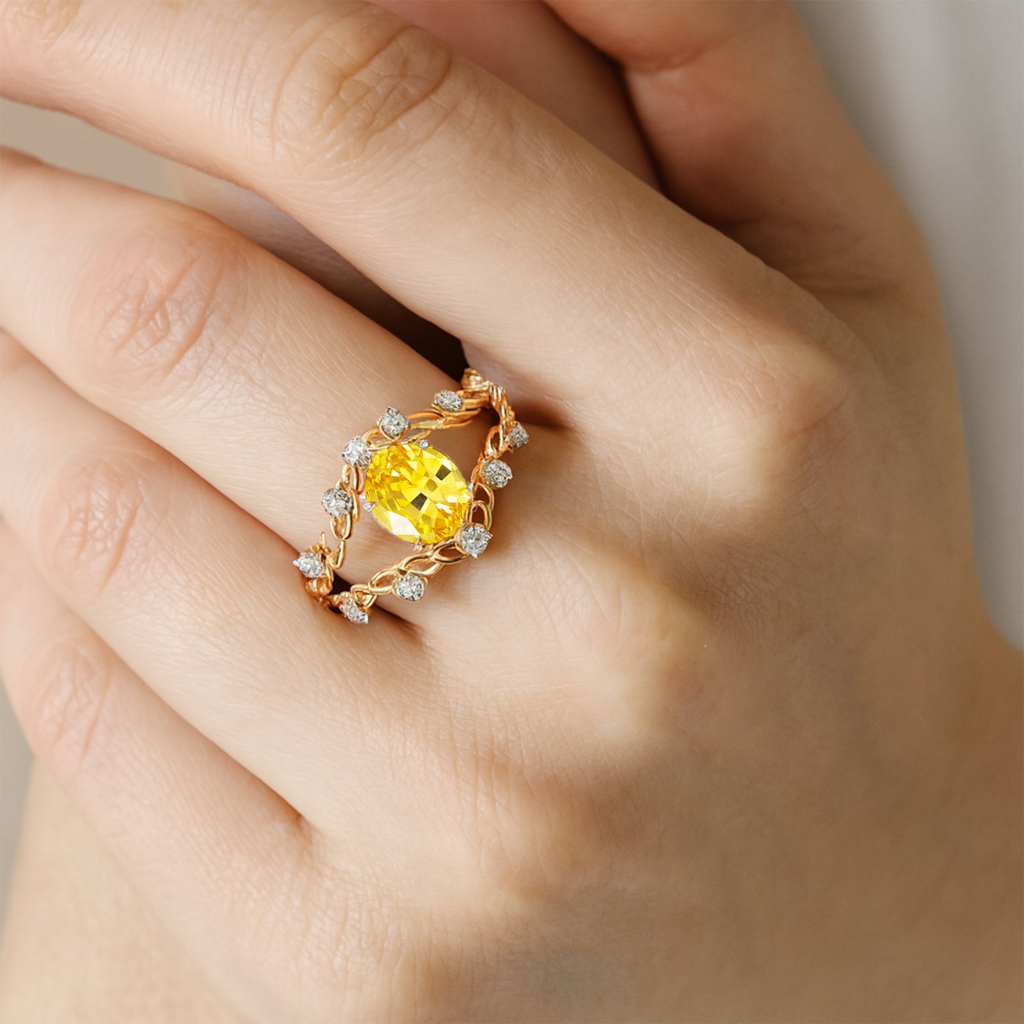 Flower Inspired Ring with Oval Shaped Yellow Sapphire and Accent Diamonds - GeumJewels