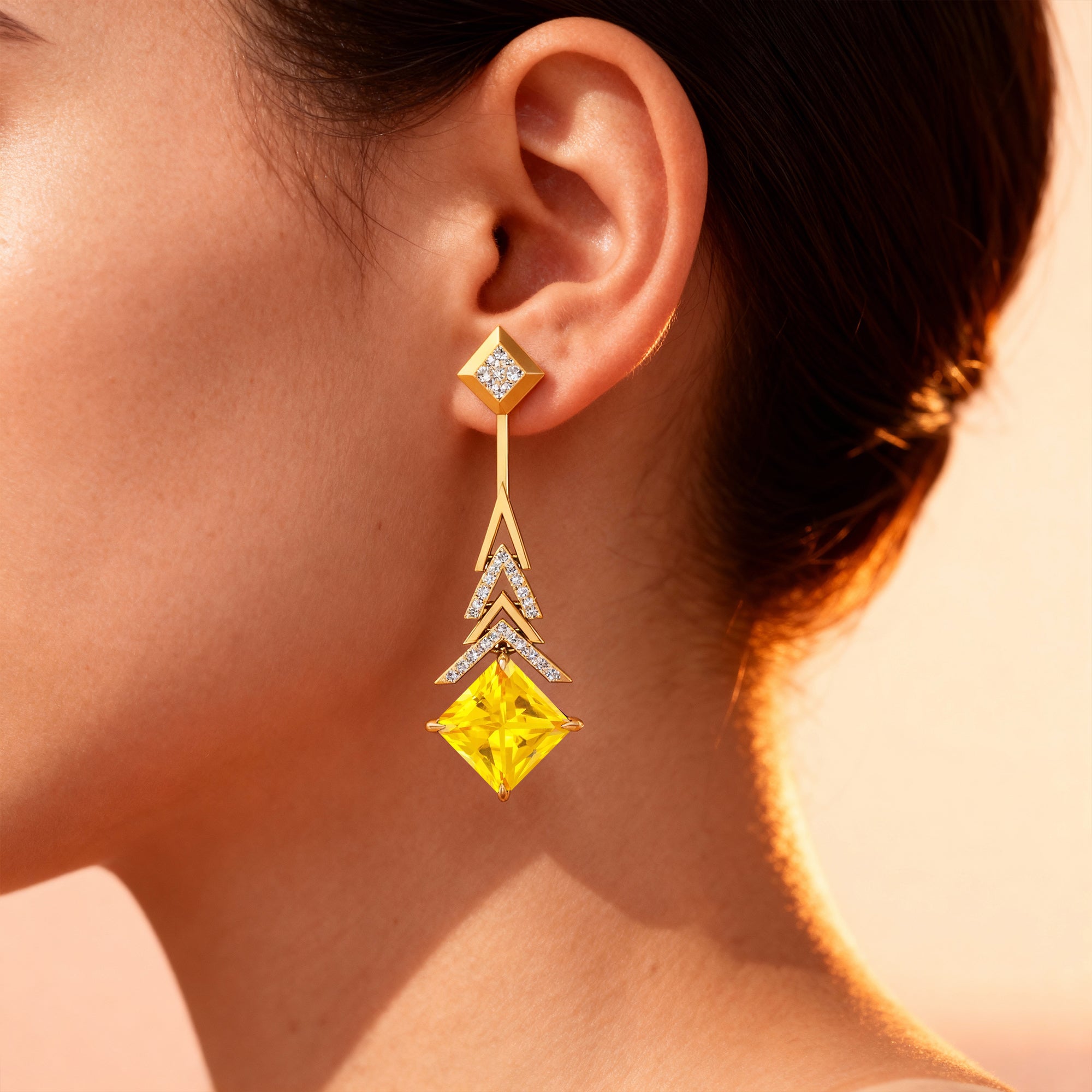 Inverted Princess Cut Yellow Sapphire Drop Earrings with Diamonds - GeumJewels