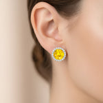 Round Solitaire Yellow Sapphire Halo Diamond Stud Earrings - GeumJewels