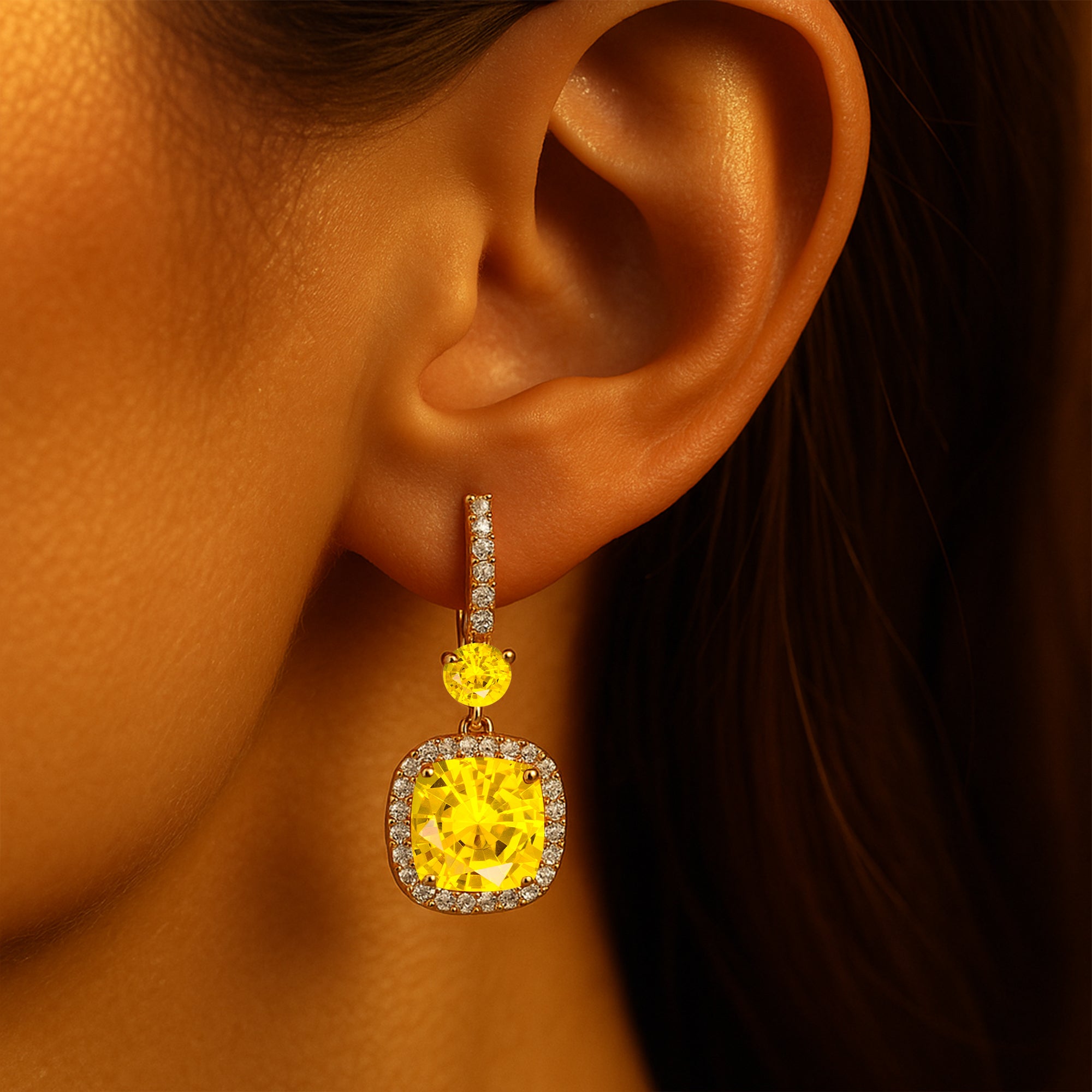 Halo Diamond Cushion Cut Yellow Sapphire Dangle Earrings - GeumJewels